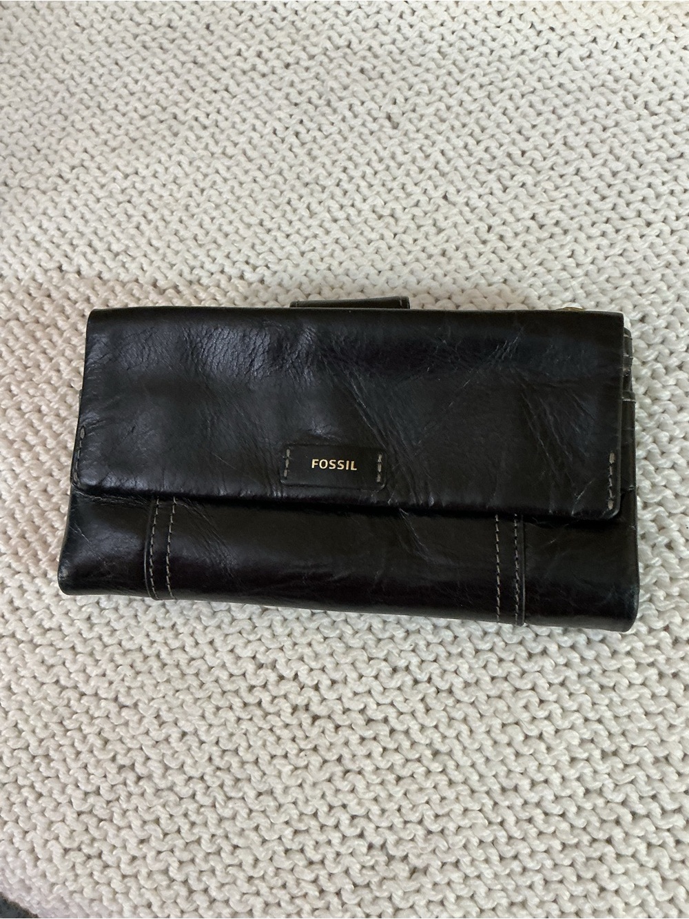 Fossil Black Leather Checkbook Wallet Organizer Snap Clutch Bifold Zip
